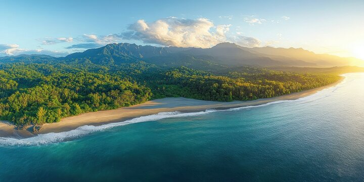 sunlit tropical coastline with empty sandy beach, turquoise ocean waves, lush rainforest and distant mountains under dramatic clouds at serene sunrise