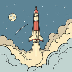Fototapeta premium A cartoon rocket ship blasts off into space, leaving a trail of smoke and fire as it soars past the moon and stars, ready for an adventure