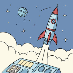 Fototapeta premium A cartoon rocket ship blasts off into space, leaving a trail of smoke and fire as it soars past the moon and stars, ready for an adventure