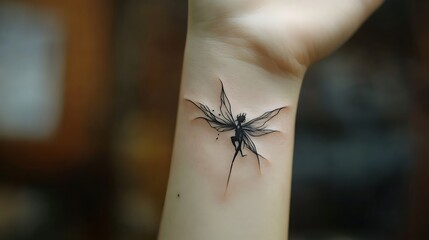 Black dragonfly tattoo on wrist in soft natural lighting
