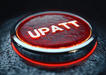 close-up of a glowing red metallic circular button with raised white letters 'UPATT', chrome rim and textured red center on a dark surface, evoking urgency and intensity