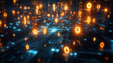 glowing orange digits and rings hover above a blue circuit board grid with illuminated nodes and neon pathways, evoking dynamic high-tech energy and immersion