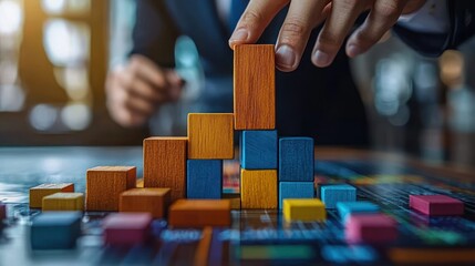 Person placing colorful wooden blocks into a rising stacked chart on a table, focused strategic planning and optimistic progress
