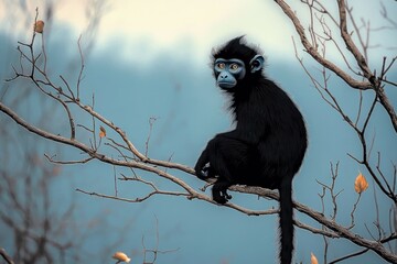 Solitary black monkey perched on bare tree branches with a few orange leaves against a soft blue sky, calm and contemplative