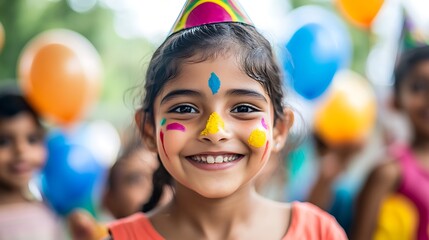Smiling girl with colorful face paint at a festive outdoor event

