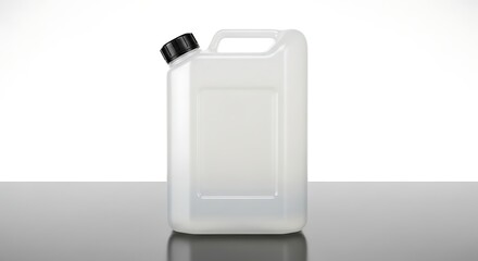White Plastic Jerrycan with Black Cap on Reflective Surface.