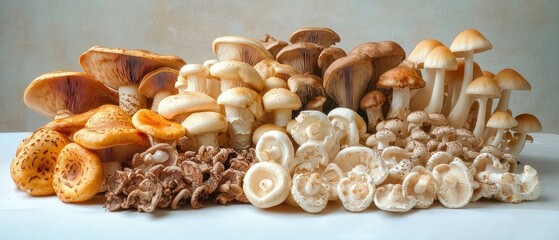 Fototapeta premium Bountiful assortment of fresh wild mushrooms arranged in rows on white cloth with creamy, golden and brown caps and visible gills, natural textures and a calm rustic mood