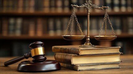 wooden judge gavel and sound block beside brass scales of justice on stacked antique law books in a solemn courtroom library setting
