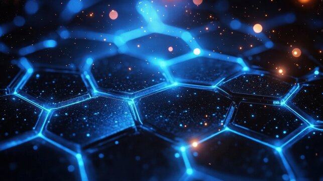 glowing blue hexagonal honeycomb grid with floating orange sparks and shimmering particles on a reflective surface, futuristic and mysterious