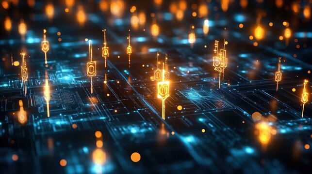 Glowing orange data nodes rising from a blue printed circuit grid with scattered light particles, evoking a futuristic connected digital network
