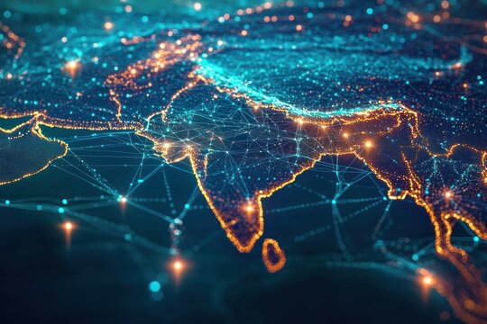 Futuristic glowing digital map of South Asia with India peninsula and Sri Lanka outlined by orange city lights, blue data lines and interconnected network nodes conveying dynamic connectivity - Powered by Adobe