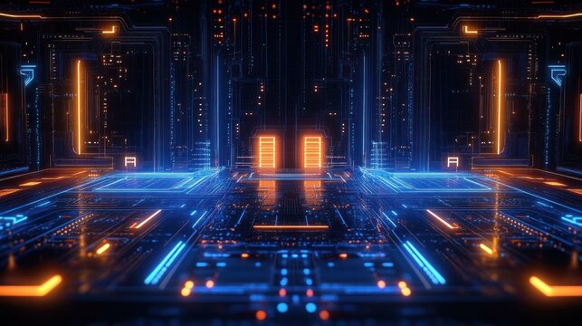 Symmetrical neon circuit corridor with glowing blue and orange pathways and two illuminated central server doors, futuristic and mysterious atmosphere - Powered by Adobe