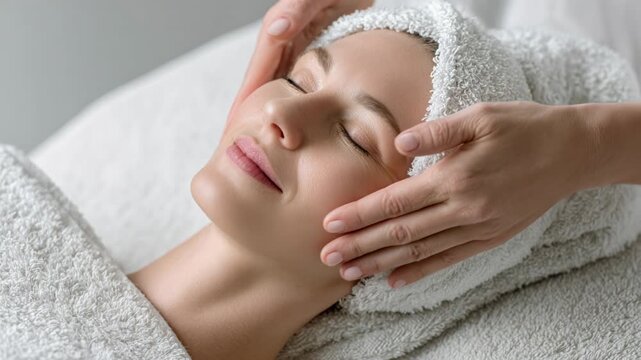 Relaxed woman receiving facial treatment spa treatment serene expression towel wrap woman facial massage spa treatment serene woman receiving facial