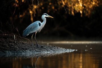 Fototapeta premium Solitary heron standing on a muddy riverbank at dusk with golden light, calm water reflection and quiet contemplative mood