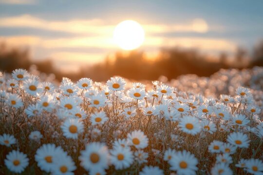 Field of white daisies bathed in warm golden sunset light, peaceful meadow with soft bokeh and glowing horizon