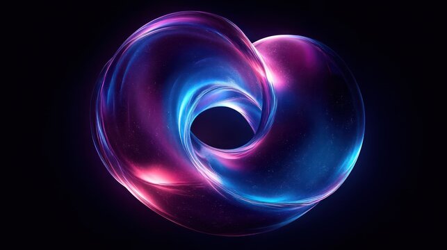 Luminous neon blue and magenta twisted torus forming a heart-like infinity loop with glossy cosmic particles on a dark background, evoking serene futuristic wonder - Powered by Adobe