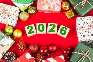 Happy New Year 2026, Christmas 2026, Christmas gifts placed in a festive atmosphere 