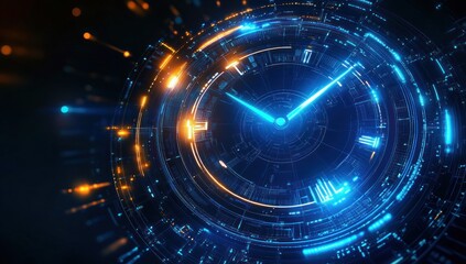 Glowing blue and orange futuristic digital clock face with circular circuitry, luminous hands and dynamic energetic precision