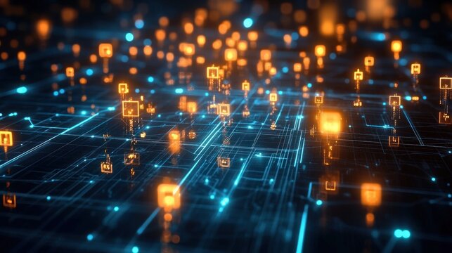 glowing orange node markers above a neon blue circuit grid, abstract 3d digital network with light trails and bokeh conveying a futuristic energetic sense of connectivity