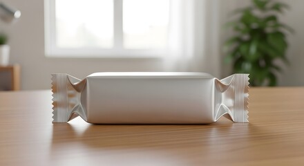 A generic silver foil snack bar wrapper sits on a wooden table, perfect for a product mockup with a blurred background.