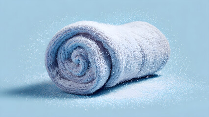 Luxurious, fluffy rolled textile dusted with fine sparkling particles, evoking a sense of pristine softness and winter magic