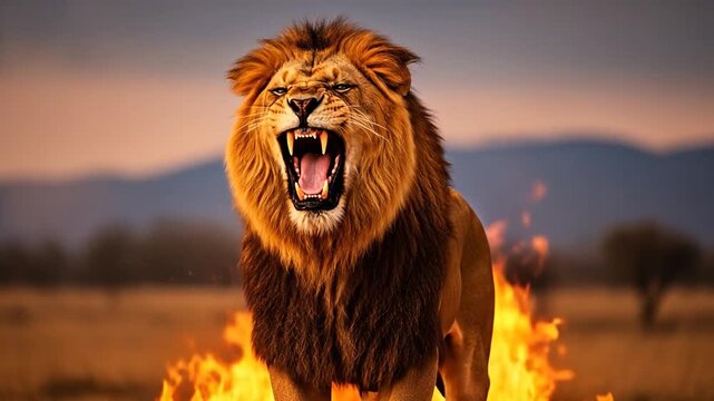 Roaring lion emerging from flames in a dynamic powerful scene of wild nature
