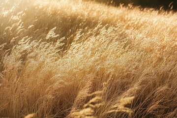 sunlit golden field of tall dry grasses swaying in a warm peaceful late afternoon breeze