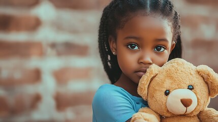 Young girl hugging a teddy bear against a brick wall
