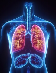 neon medical illustration of a translucent human torso showing glowing lungs with branching bronchi, trachea, ribcage and brain-like shapes, clinical and striking
