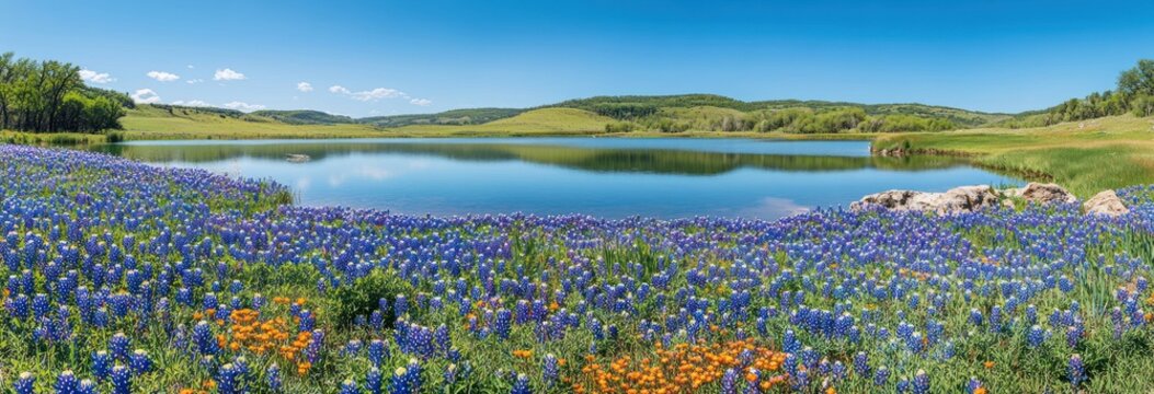 Tranquil spring panorama of blue and orange wildflowers along a calm reflective lake, with rolling green hills, scattered trees and shoreline rocks under a clear blue sky