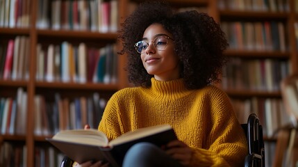 Woman reading a book in a library with warm natural light

