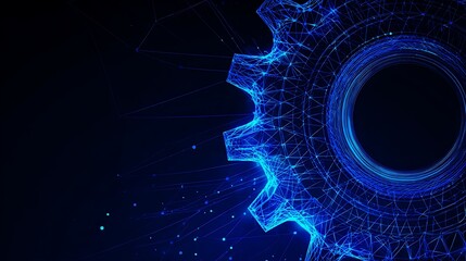 Naklejka premium Digital glowing gear wheel. Abstract futuristic low poly cog mechanism for business process and technology concept.