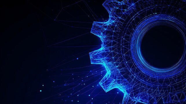 Digital glowing gear wheel. Abstract futuristic low poly cog mechanism for business process and technology concept.