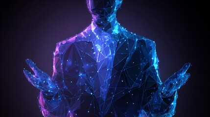 Futuristic Businessman Hologram Low Poly Concept. Digital Presentation, Virtual Reality, and AI Technology.