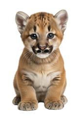 Obraz premium Adorable baby cougar cub portrait, cute feline kitten animal, wildlife photography, isolated on transparent background