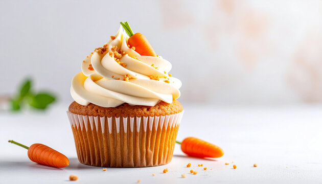 Delicious carrot cupcake with cream cheese frosting and carrot decoration.