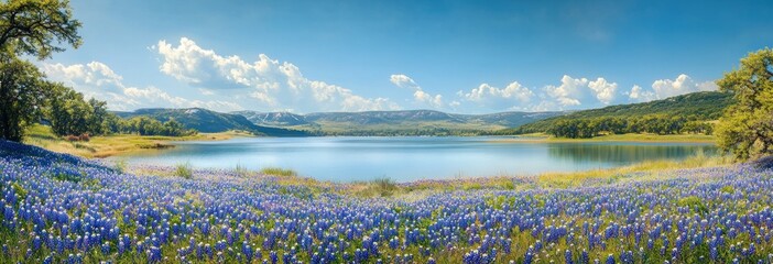 Tranquil lakeside meadow carpeted with blue wildflowers, calm reflective water under a clear blue sky with fluffy clouds and distant rolling hills and trees