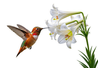 Obraz premium Rufous hummingbird flying near white lily flowers pollination nectar nature wildlife photography birding isolated on transparent background