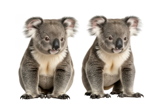 Adorable twin koalas sitting together, cute australian wildlife animals, mammals, fauna, nature photography, isolated on transparent background