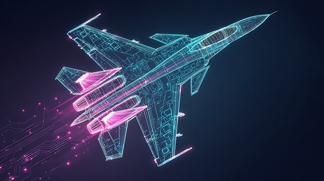 Futuristic Fighter Jet Hologram Wireframe Flying. Military Aviation, Defense Technology, and Speed Concept. - Powered by Adobe