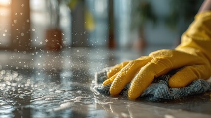 A person wearing yellow gloves cleans a floor with a cloth, surrounded by water droplets, creating a fresh and tidy atmosphere.