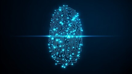 Digital fingerprint scan for cyber security and biometric identification. Glowing blue circuit lines on dark background.