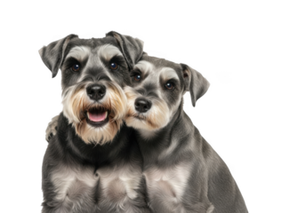 Two cute schnauzer puppies hugging, adorable dogs, pet animal, canine friends, doggy love, isolated on transparent background