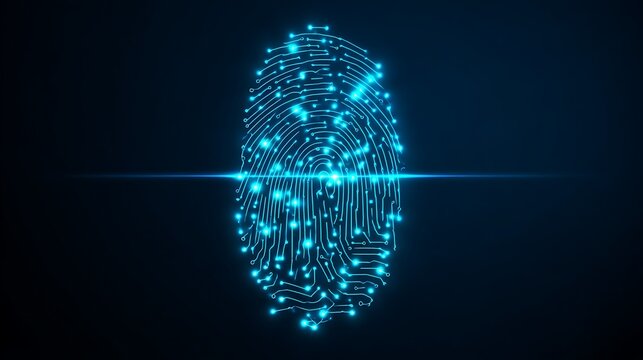 Digital fingerprint scan for cyber security and biometric identification. Glowing blue circuit lines on dark background.