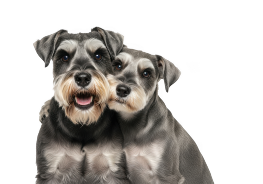 Two cute schnauzer puppies hugging, adorable dogs, pet animal, canine friends, doggy love, isolated on transparent background