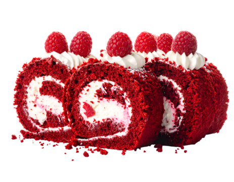 Red velvet roll cake with cream cheese frosting and raspberries isolated on tansparent png
