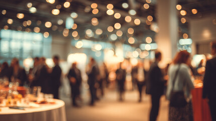 Fototapeta premium Blurred background of business event with people at conference creates lively atmosphere filled with networking opportunities