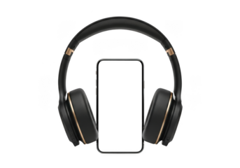 Black wireless headphones with gold trim and smartphone mockup, audio equipment, mobile device, isolated on transparent background