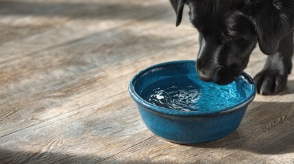 A black dog is drinking from a blue bowl of water on a wooden floor, capturing a moment of hydration and companionship.