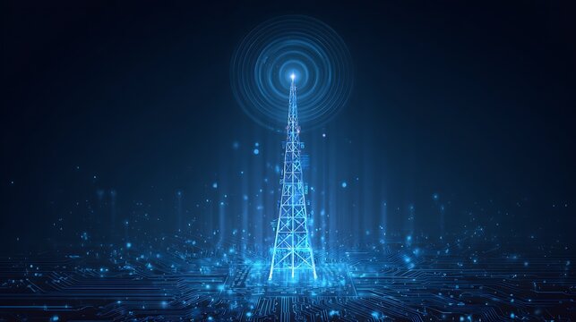 Digital Communication Tower Transmitting 5G or 6G Signal. Futuristic Low Poly Network and Wireless Technology Concept.